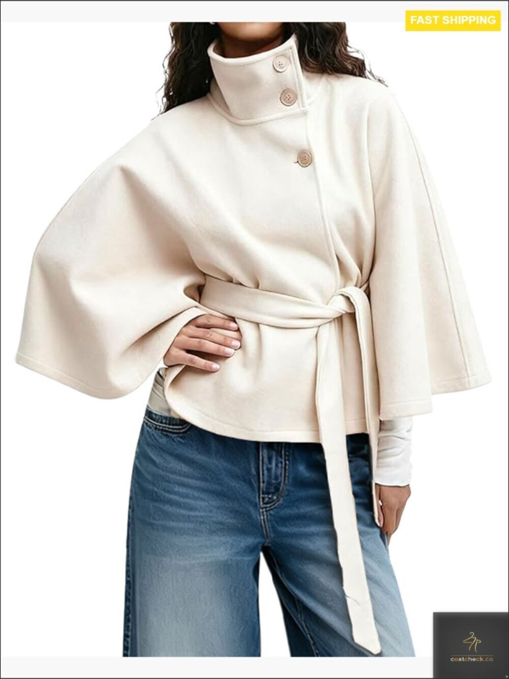 Wool Blend Pea Coat with Batwing Sleeves and Belted Waist Cropped Jacket Winter - Picture 7 of 7